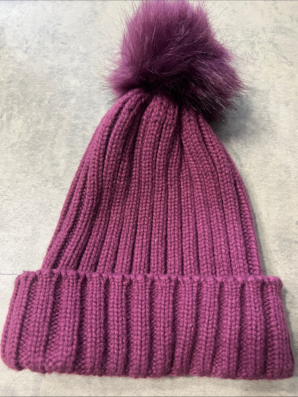 Plum Knit Beanie with Faux Fur Pom